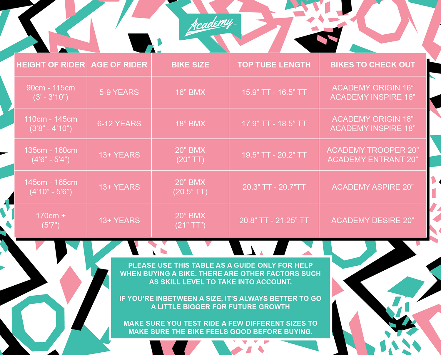 Academy BMX Bike sizing Guide